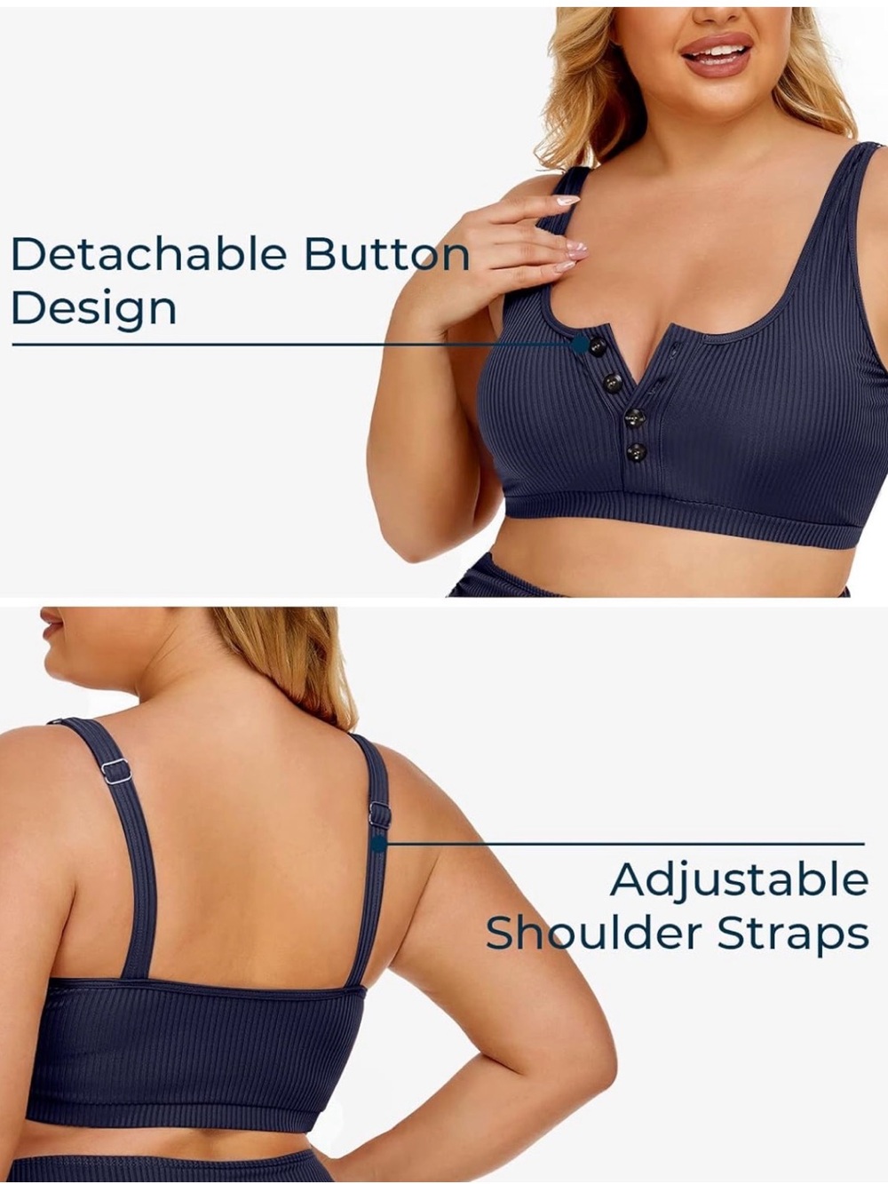 Plus Size Navy Ribbed Button-Front Bikini Set - Picture 4 of 6